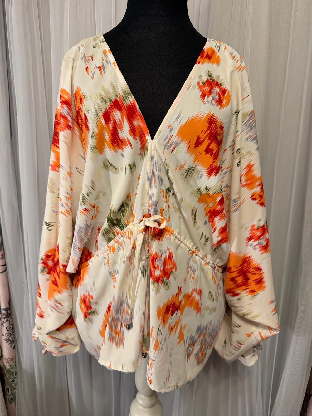 entro Floral Tie-Front V-Neck Blouse in Cream and Orange